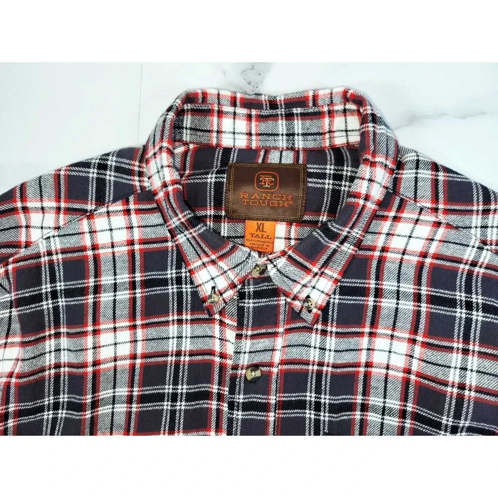 Ranch Tough Gray/Red‎ Plaid Button Down Flannel Shirt Pocket XL Tall Outdoor